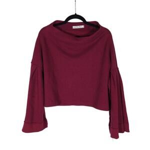 We The Free Womens Bunny Waffle Knit Top XS Red Bell Sleeve Boat Neck Drapey